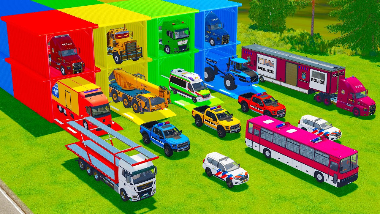 TRANSPORTING POLICE CARS, FIRE ENGINE, AMBULANCE, TIPPER TRUCK TO GARAGE - FS22