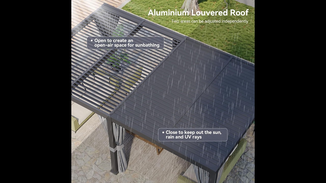 12' x 20' Aluminum Louvered Pergola, Manual Starry Pergola with Adjustable Roof Netting and Curtains