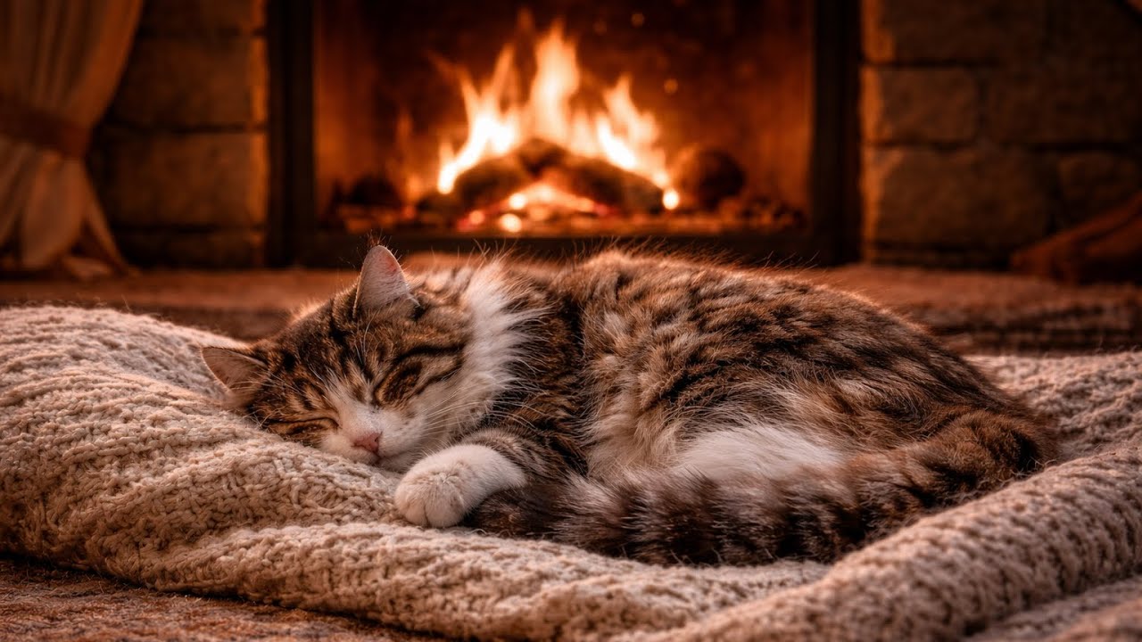 9 Hours of Cozy Fireplace & Sleeping Cat 🐈🔥 | Relaxing Fire Sounds for Sleep, Study, and Relaxation