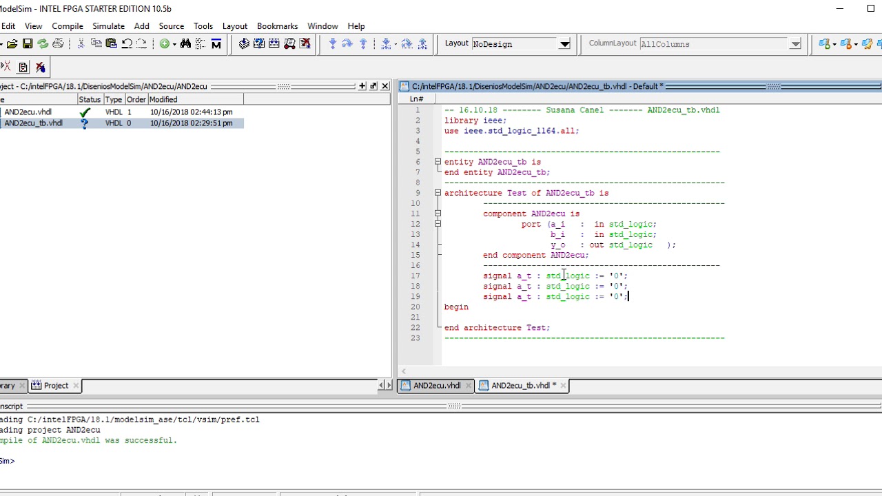Curso VHDL.V28.1.Uso sencillo del ModelSim.TestBench para la AND2ecu.