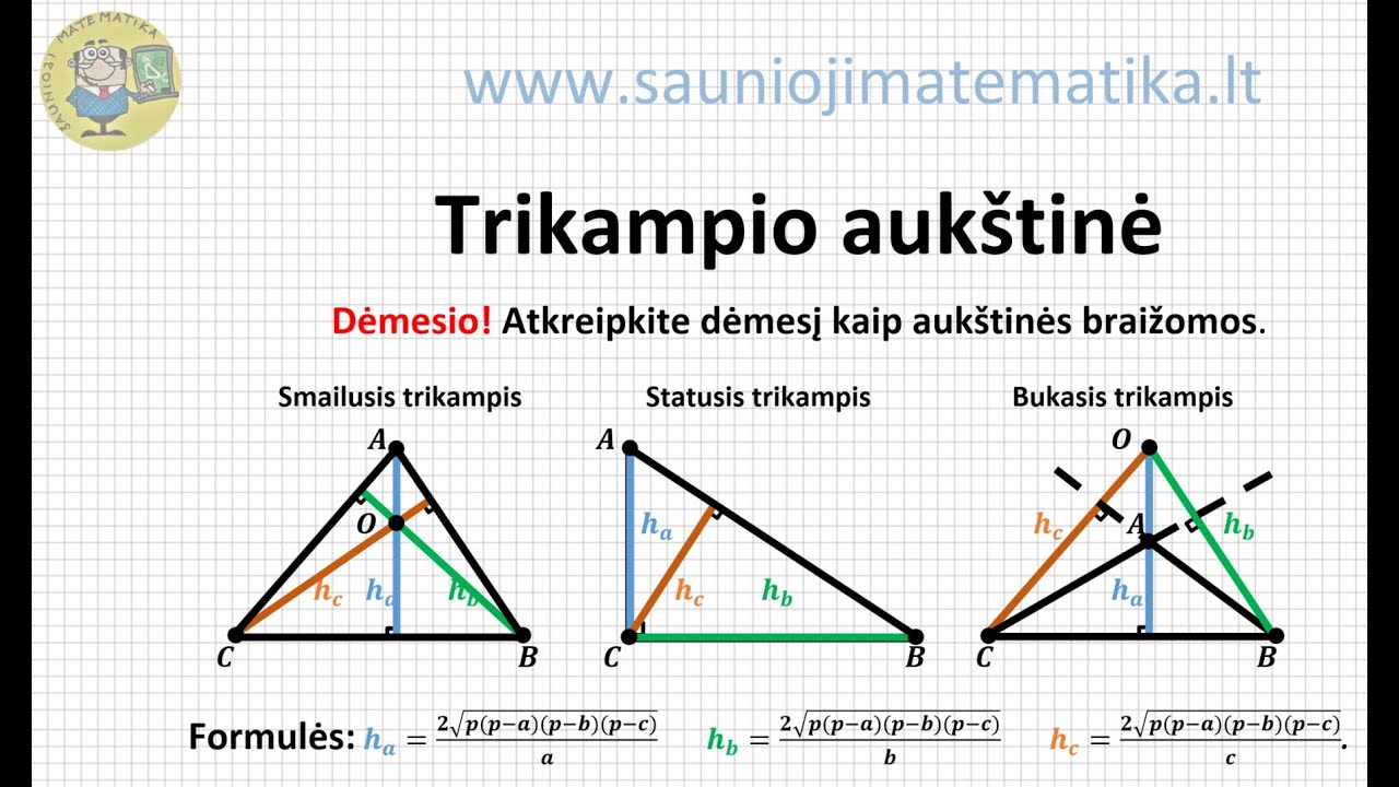 Trikampio aukštinė (1 dalis): pamatykite, aukštinių braižymą trikampiuose ir kaip randamas jos ilgis