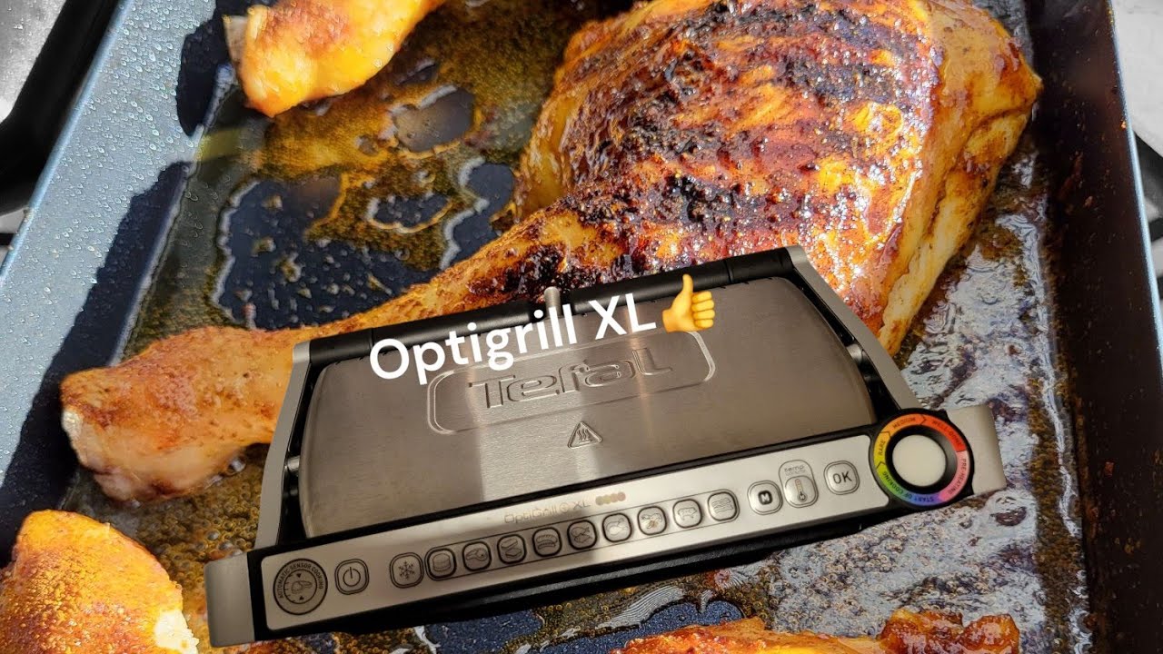 Hähnchenschenkel aus dem Optigrill XL/Backschale.Dazu Spaghetti Aglio e Olio.