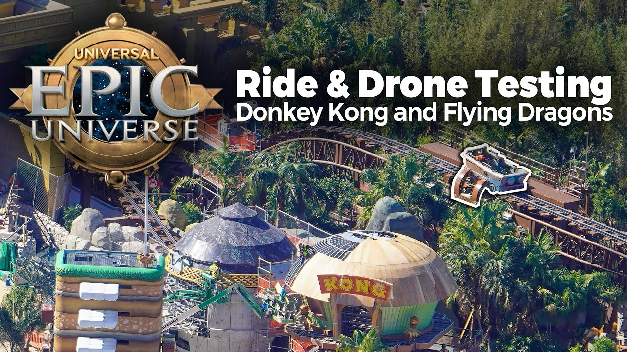 Universal Epic Universe RIDE TESTS & DRONES – Donkey Kong On-Ride Footage & Flying Dragons