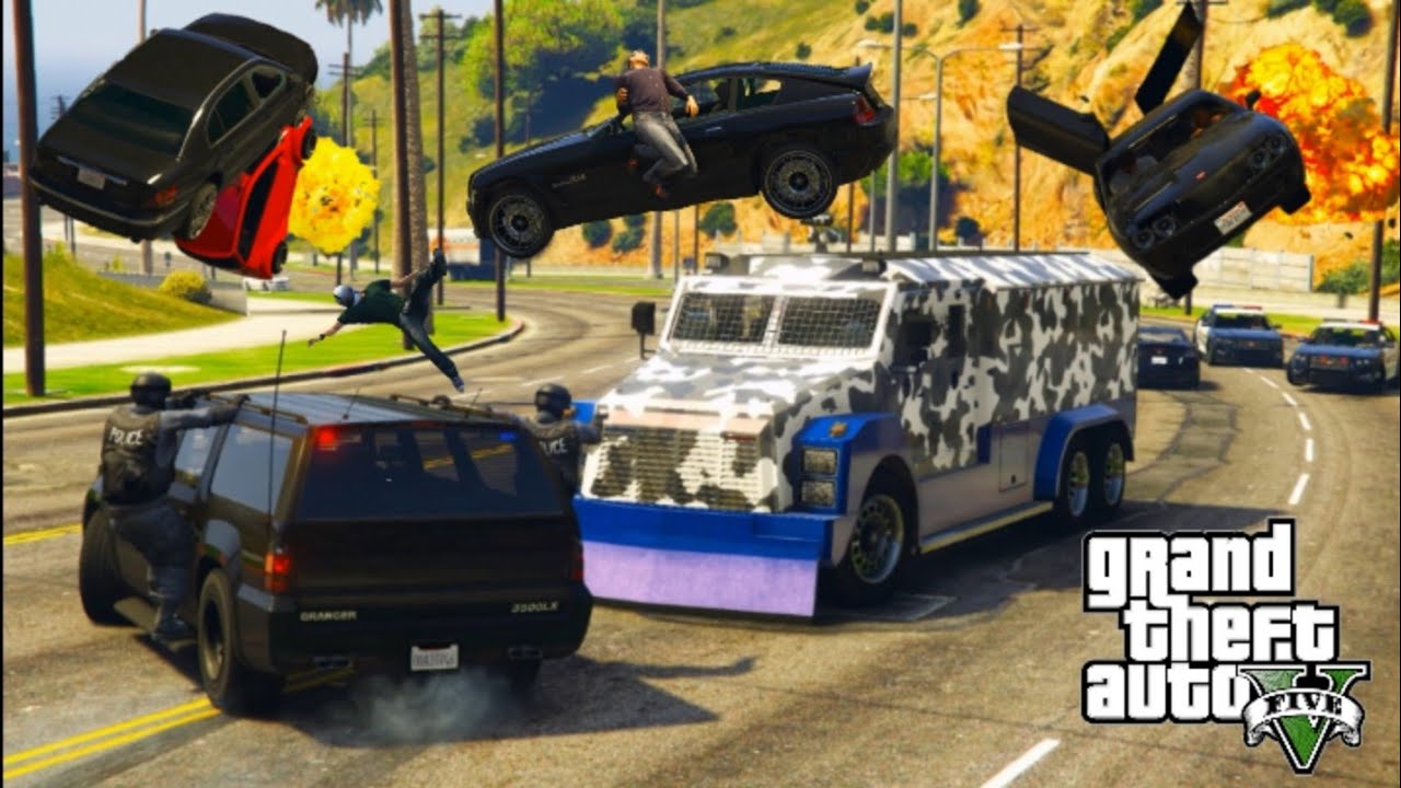 Armored RCV Destroying everything in it's path. RCV Highjack & 5-star chase Cinematic - GTA 5.