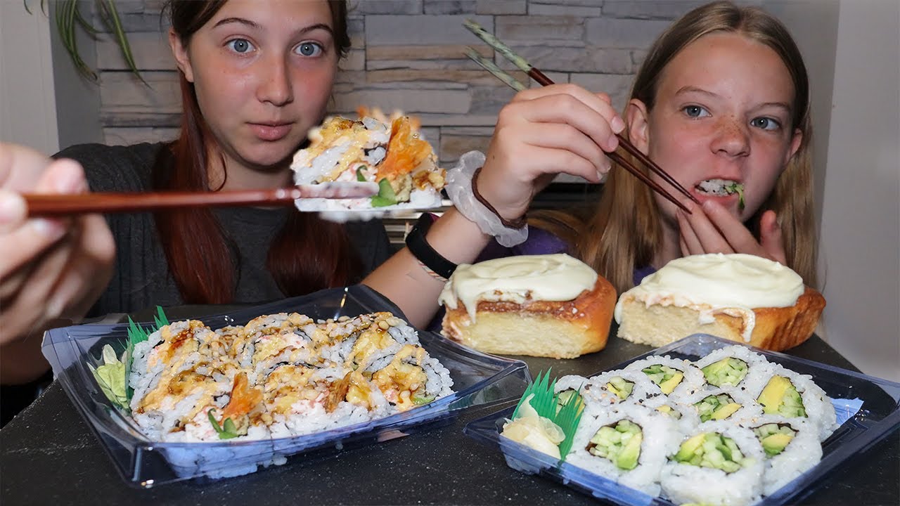 SUSHI MUKBANG - DYNAMITE ROLLS, VEGETABLE ROLLS & CINNAMON BUNS FOR DESSERT - WOULD YOU RATHER!