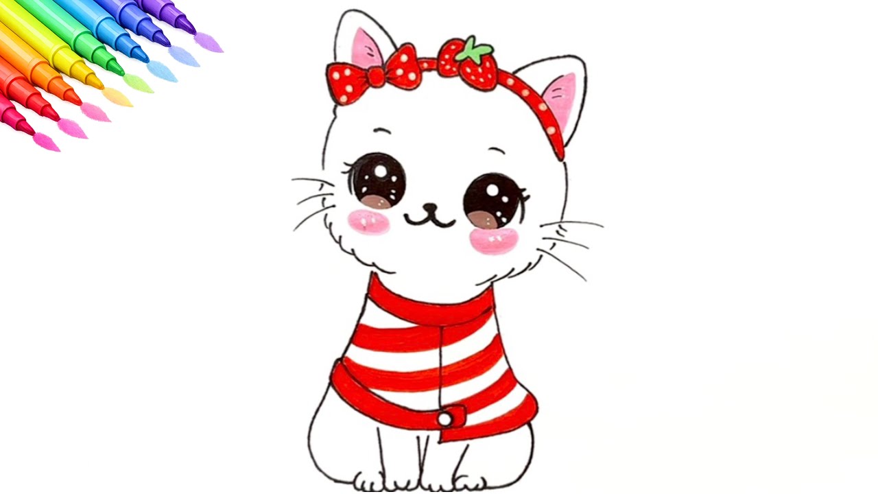 How to Draw a Cute Cat with a Strawberry Headband 🍓🐱 | Easy Drawing