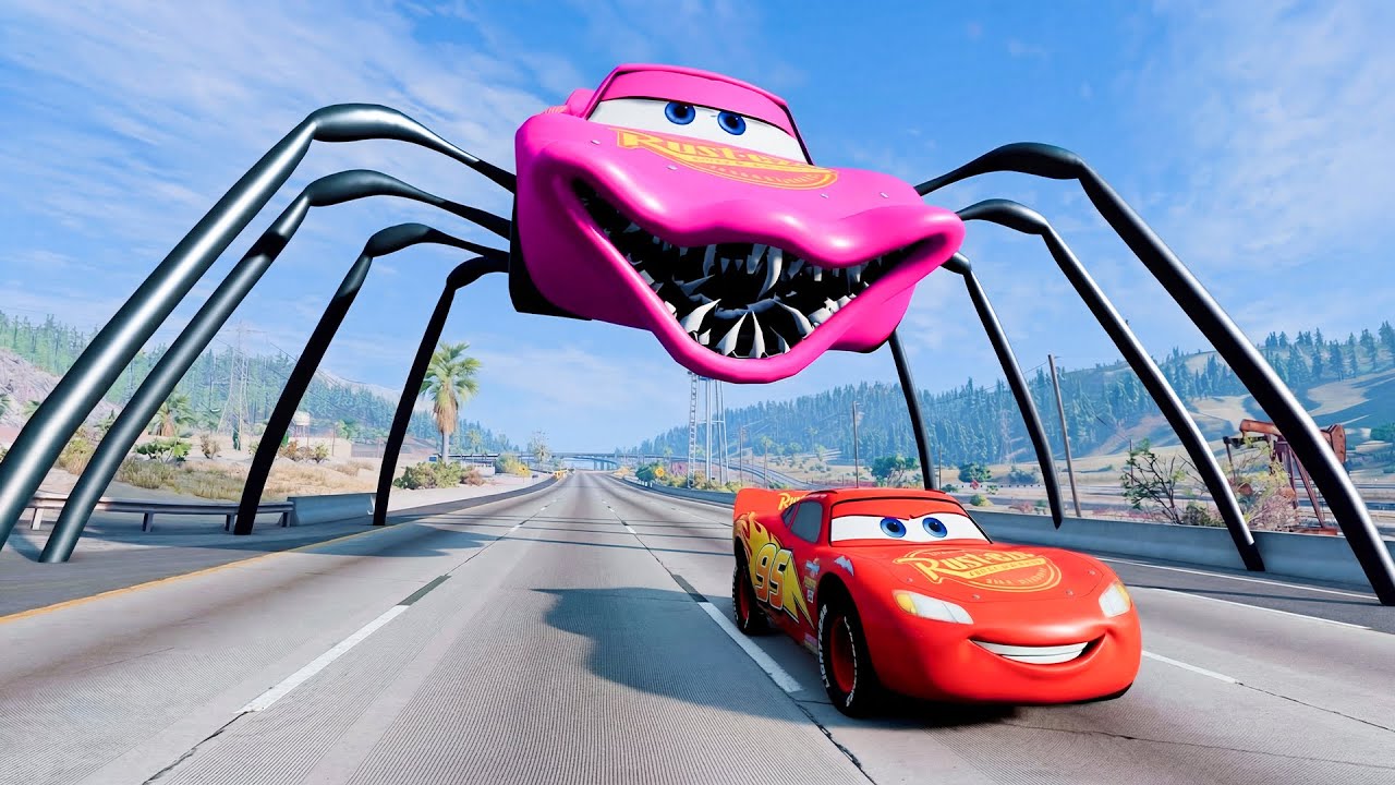 Giant SPIDER McQueen Eater Car VS Lightning McQueen Escape From Monster | Lightning McQueen Cars 3