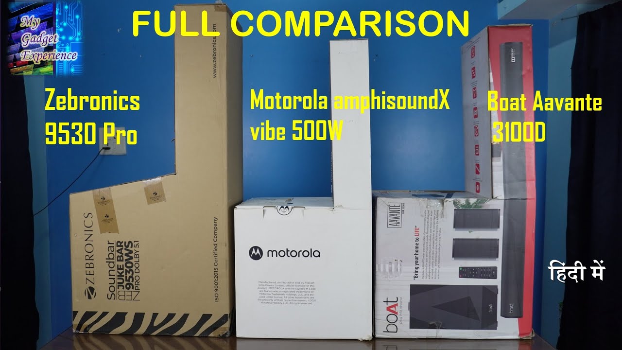 Comparison between Motorola AmphisoundX vibe 500W vs Zebronics 9530 WS pro vs Boat Aavante 3100D