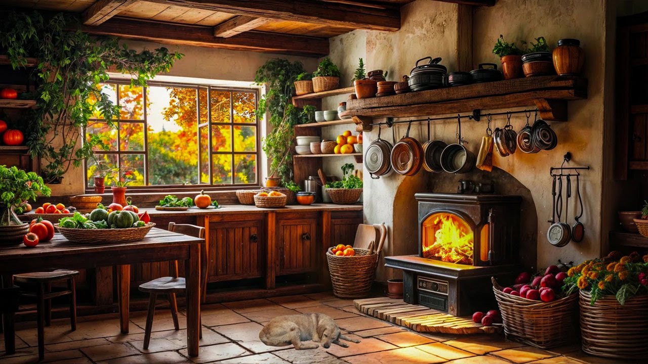 Peaceful Farmhouse Kitchen in Autumn | Relaxing Fireplace & Nature Sounds for Deep  Sleep - No Ads