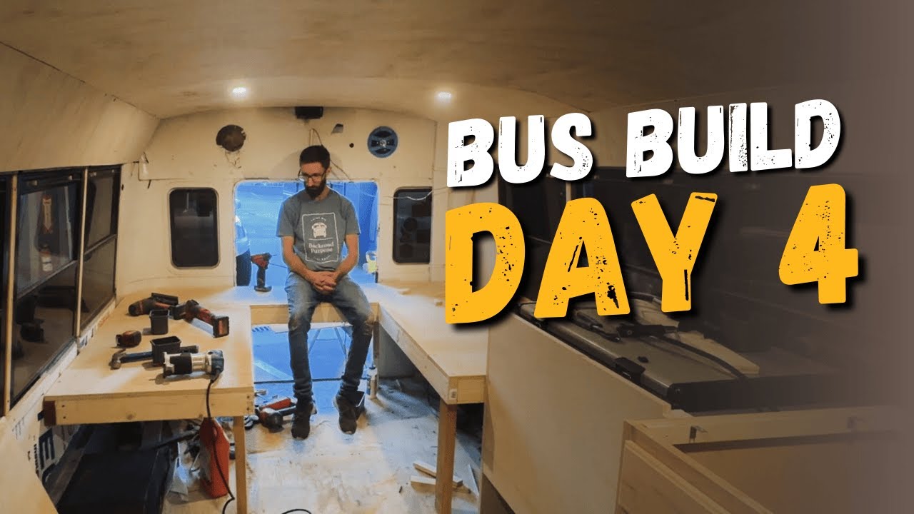 Kitchen remodel and New Bed frame in a FORD E350 Bus Day 4 of 5