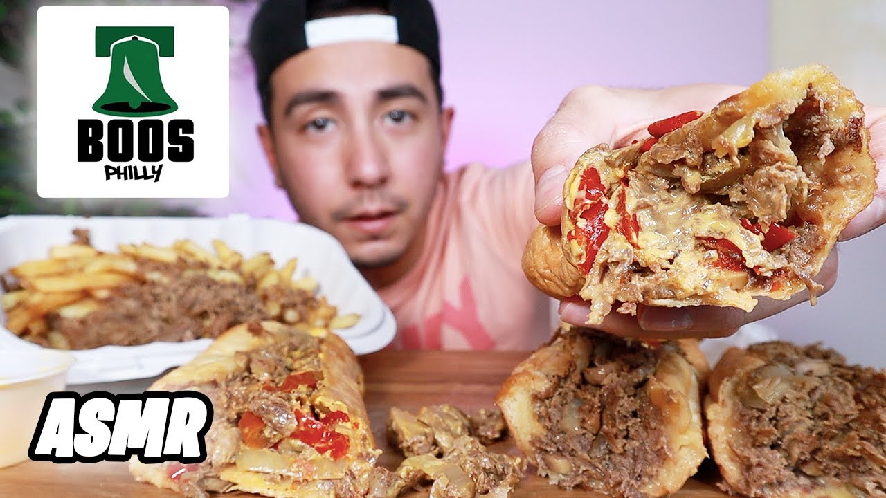 ASMR PHILLY CHEESE STEAK + CHEESE STEAK FRIES | BOOS PHILLY CHEESESTEAKS | REAL EATING SOUNDS