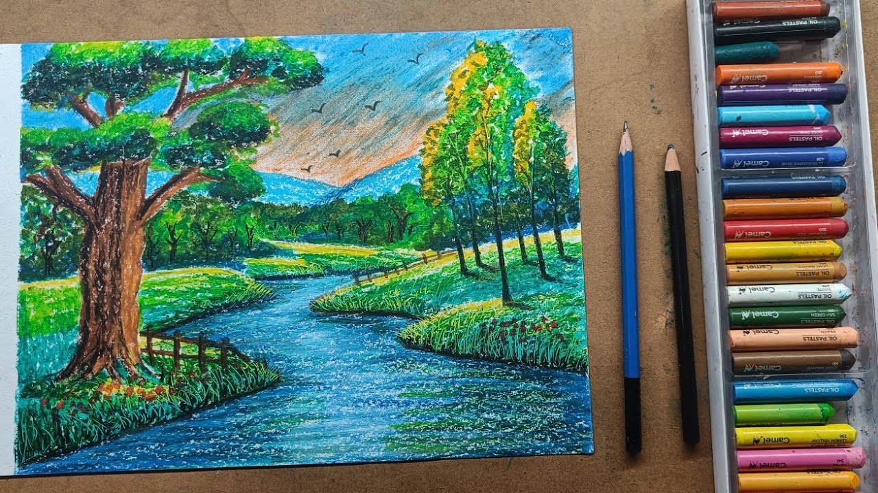 Beautiful River View Drawing|Oil Pestel| River View| Beautiful View| Village View|