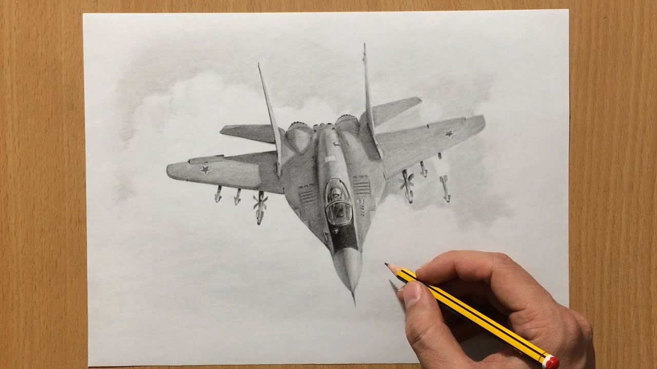 Рисунок графитовым карандашом истребителя МиГ-29.