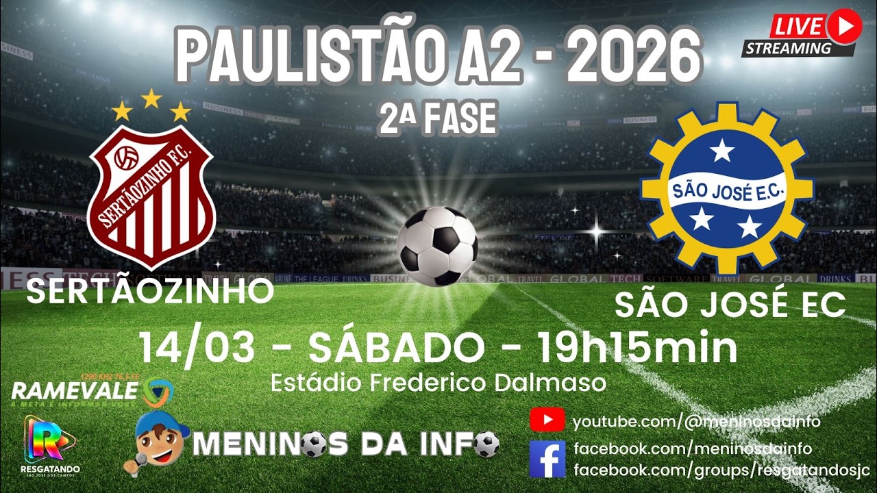 🔴 AO VIVO: SERTÃOZINHO x SÃO JOSÉ EC | Paulistão A2 2026 | 2ª Fase - 1ª Rodada 🔴