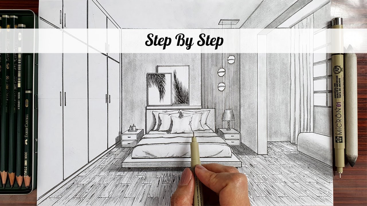 How To Draw A Bedroom In One Point Perspective | Step By Step