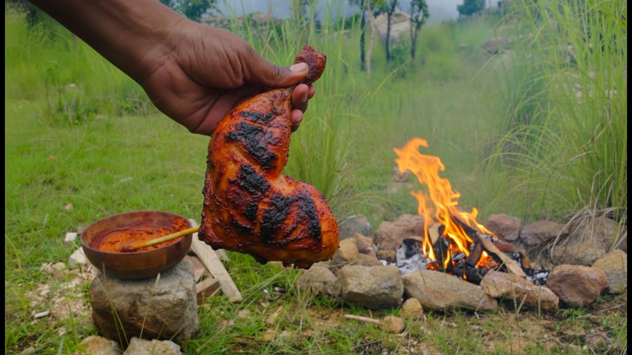 Campfire Grilled Chicken | Juicy Chicken Cooking on Grasslands 🌿🔥