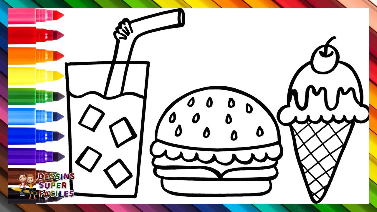 Dessiner et Colorier de la Restauration Rapide 🍔🥤🍦 Dessin d’un Burger, Coca Cola et Glace 🌈