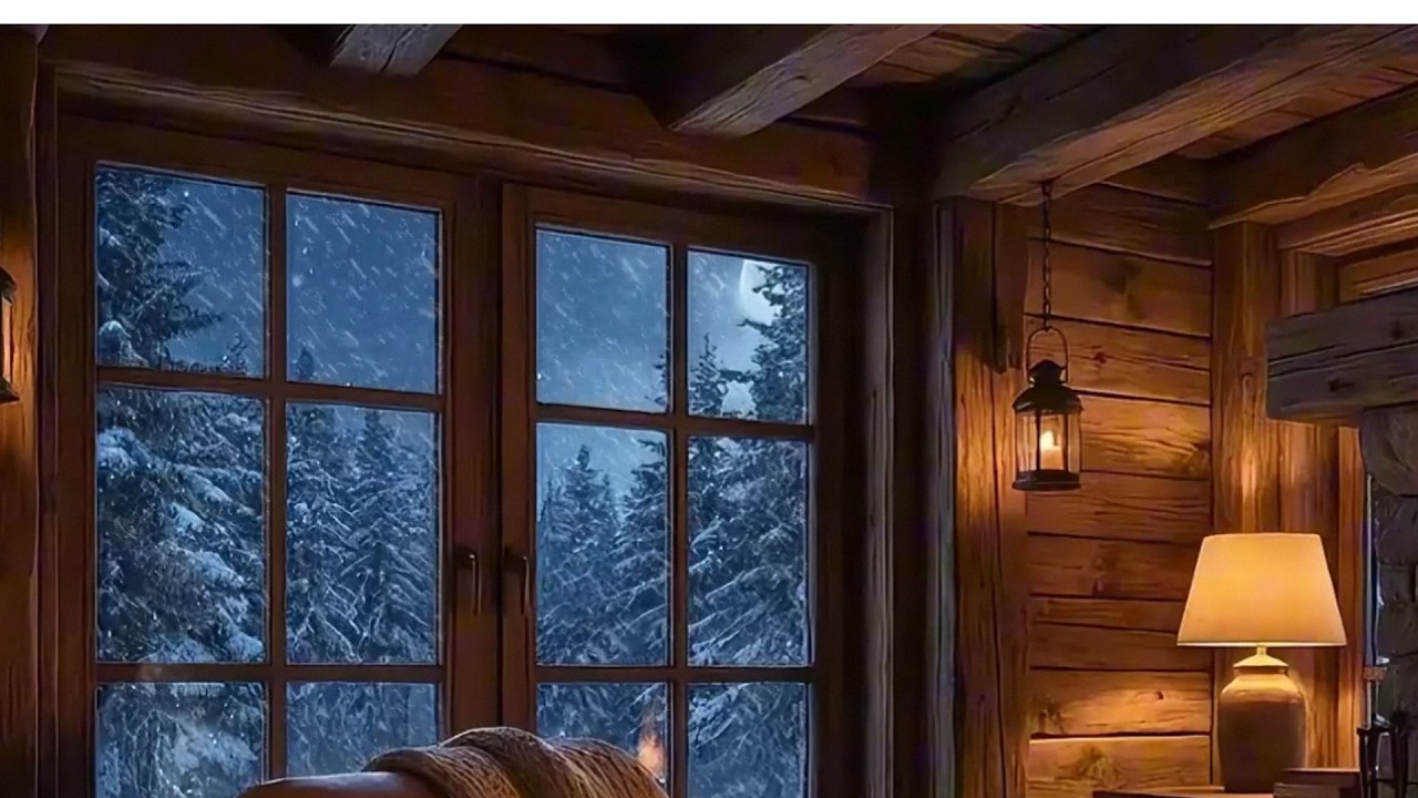Snowy Cabin Fireplace Night ❄️ Cozy Reading Chair | Soft Piano & Fire Sounds