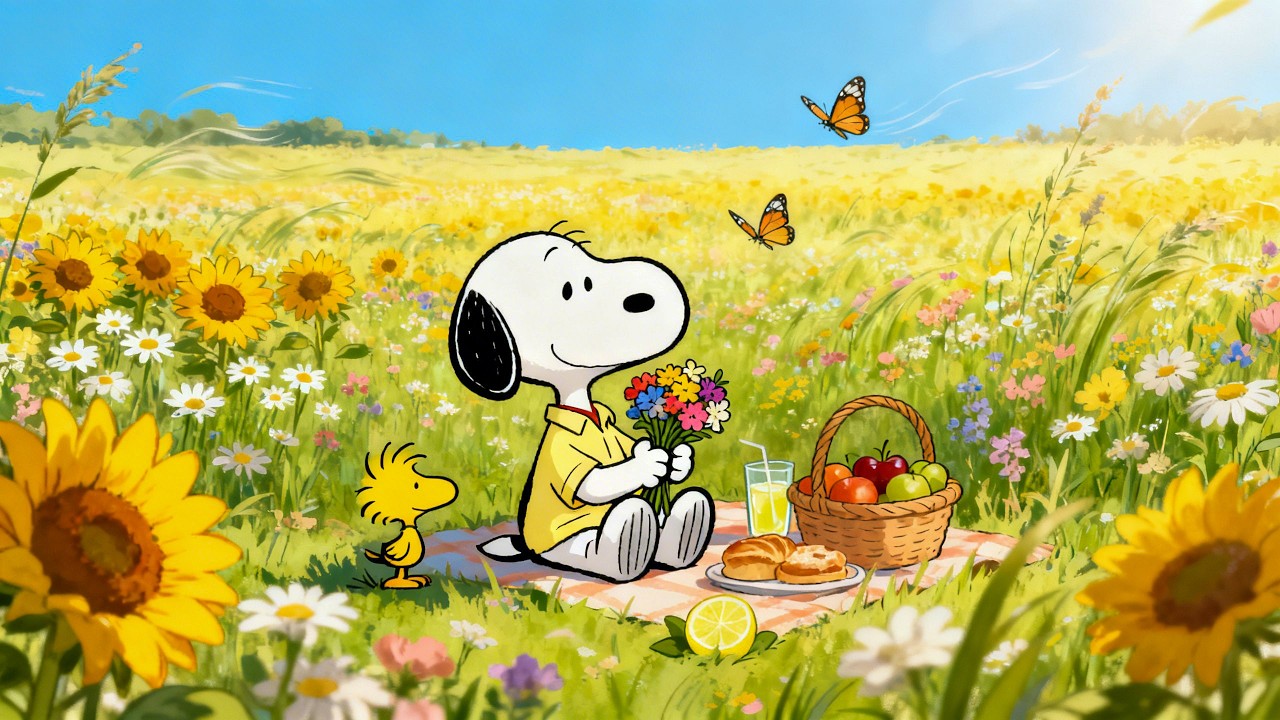 🌻 Snoopy Summer Flower Field Picnic ☀️ Chill Lo-Fi Beats, Sunshine & Peaceful Nature Vibes