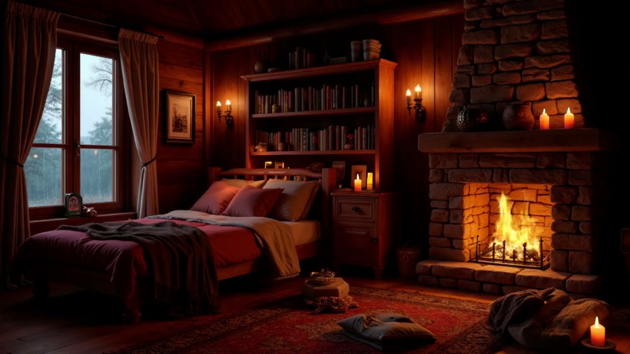 Relaxing Rainstorm by the Fireplace | Thunder and Cozy Night Ambience