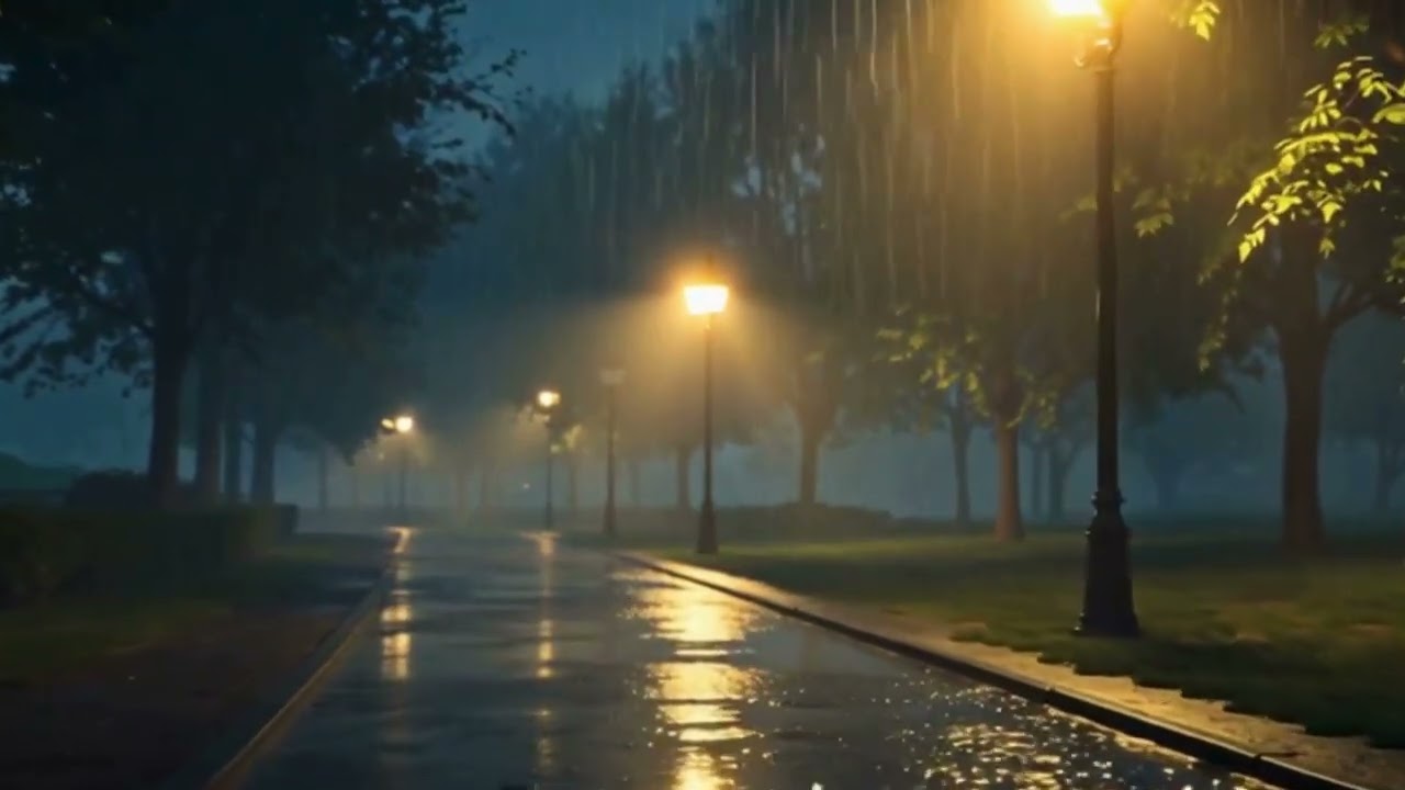 Rainy Night Ambience for Deep Sleep & Relaxation | Calm Rain Sounds with Street Lamps