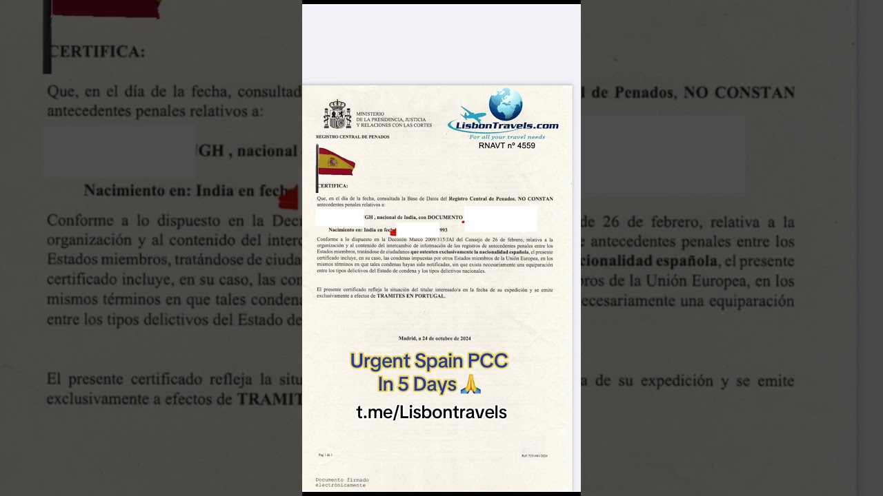 Urgent spain pcc in 5 days
