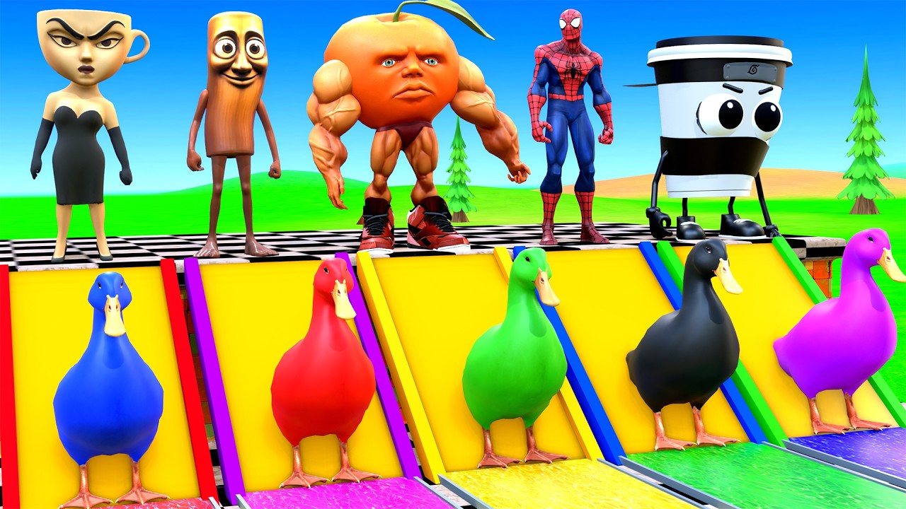Playing as Spiderman in Long Slide Game with Cow Elephant Gorilla Hippo Tiger Funny 3d Animal Game
