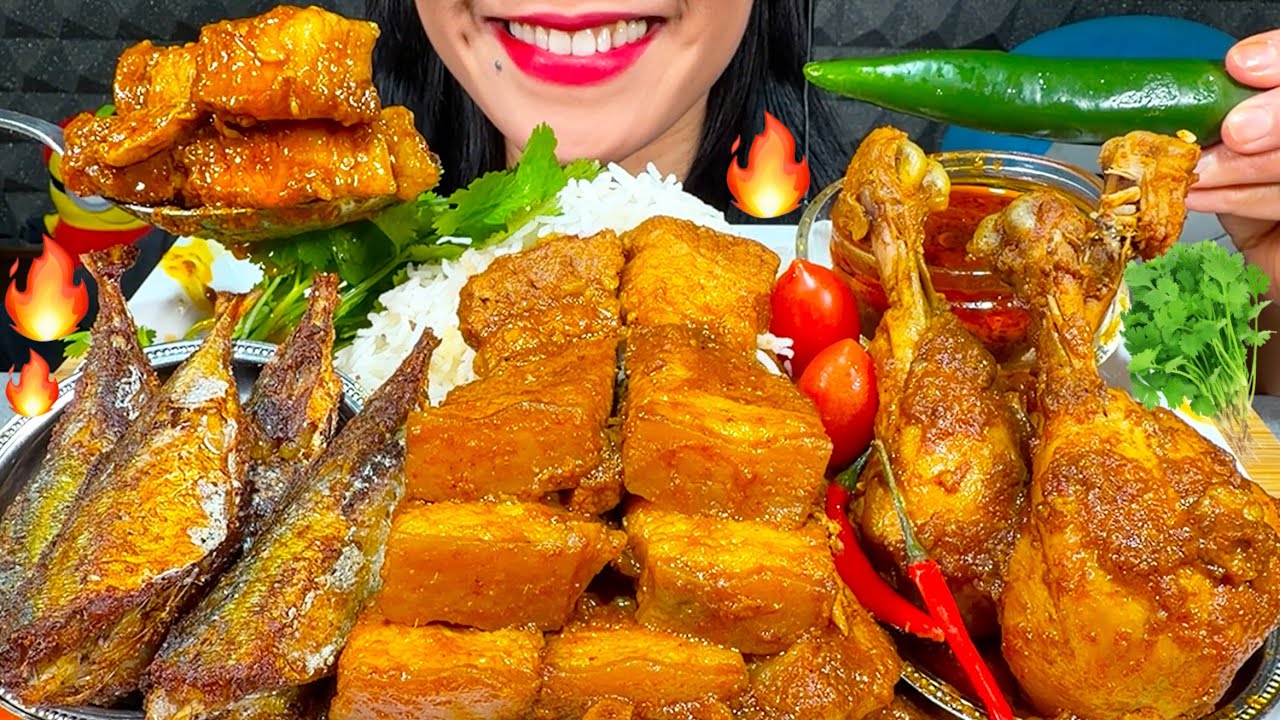 ASMR SPICY CHICKEN CURRY, PORK CURRY, FISH FRY, RICE MUKBANG MASSIVE Eating Sounds