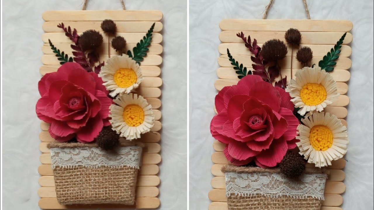 Tutorial Membuat Hiasan Dinding Dari Bunga Kulit Jagung dan Stik Es Krim | Wall Decoration