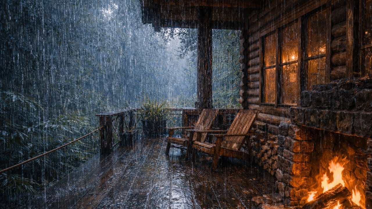 Cozy Cabin Porch in Heavy Rain 🌧️🔥 | Fireplace Ambience for Deep Sleep, Relaxation & Stress Relief
