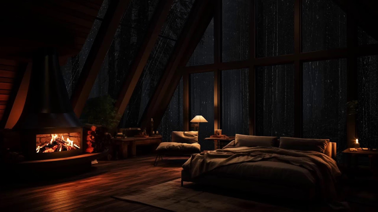 Inside a quiet forest cabin while gentle rain covers the woods and the night grows calm