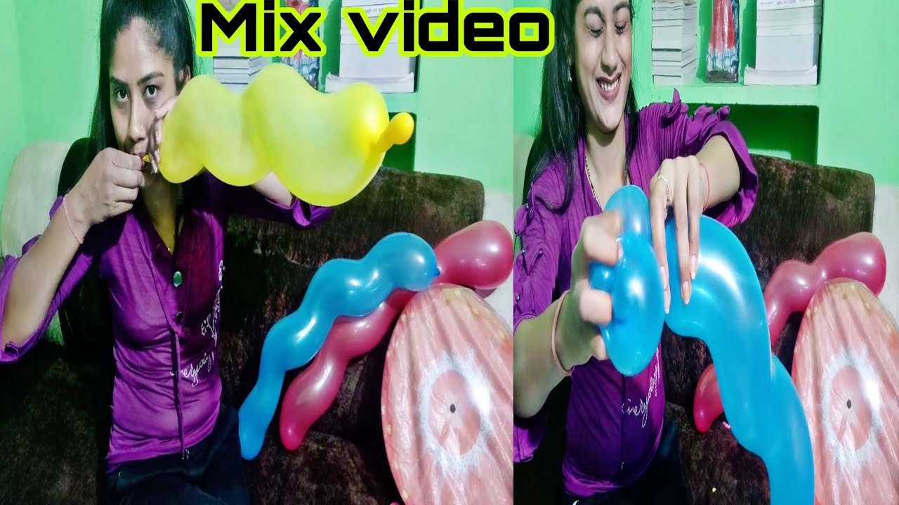 Blowing Spiral Latex Balloons with a beautiful beach ball// deflating beach ball and popping balloon