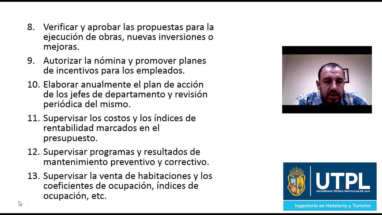 UTPL MICROVIDEOS  ( (HOTELER&Iacute;A Y TURISMO) - (FUNCIONES DEL DIRECTOR DE HOTEL))