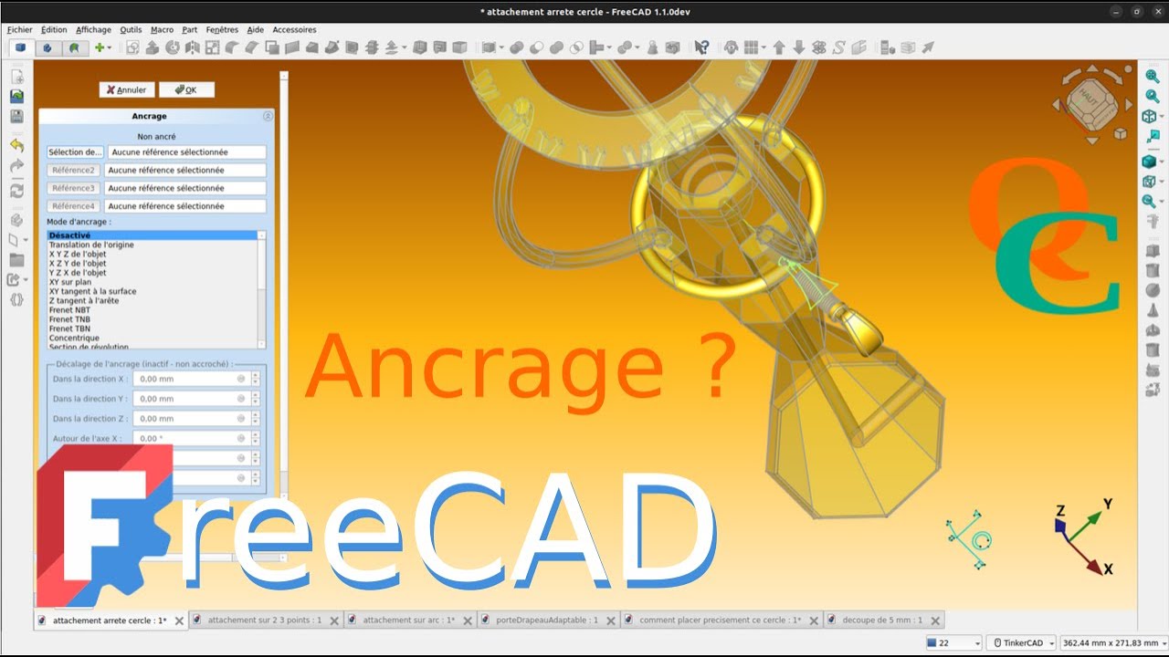 Comment ancrer Datum plane, esquisse et objet dans FreeCAD 1.0.0?