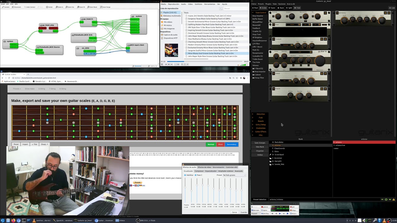 OBS Studio + QJackCTL + Guitarix + VLC in Linux