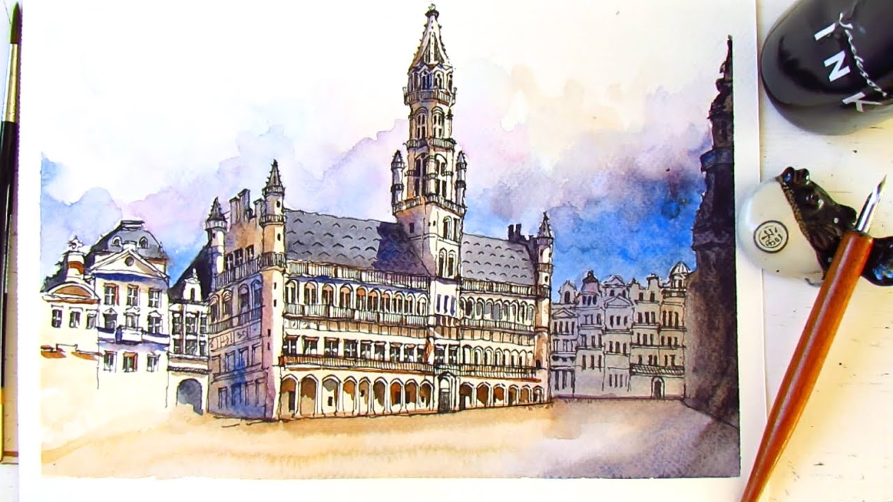 Urban Sketching Brussels Town Hall| Dip Pen & Ink Drawing + Watercolor European Architecture