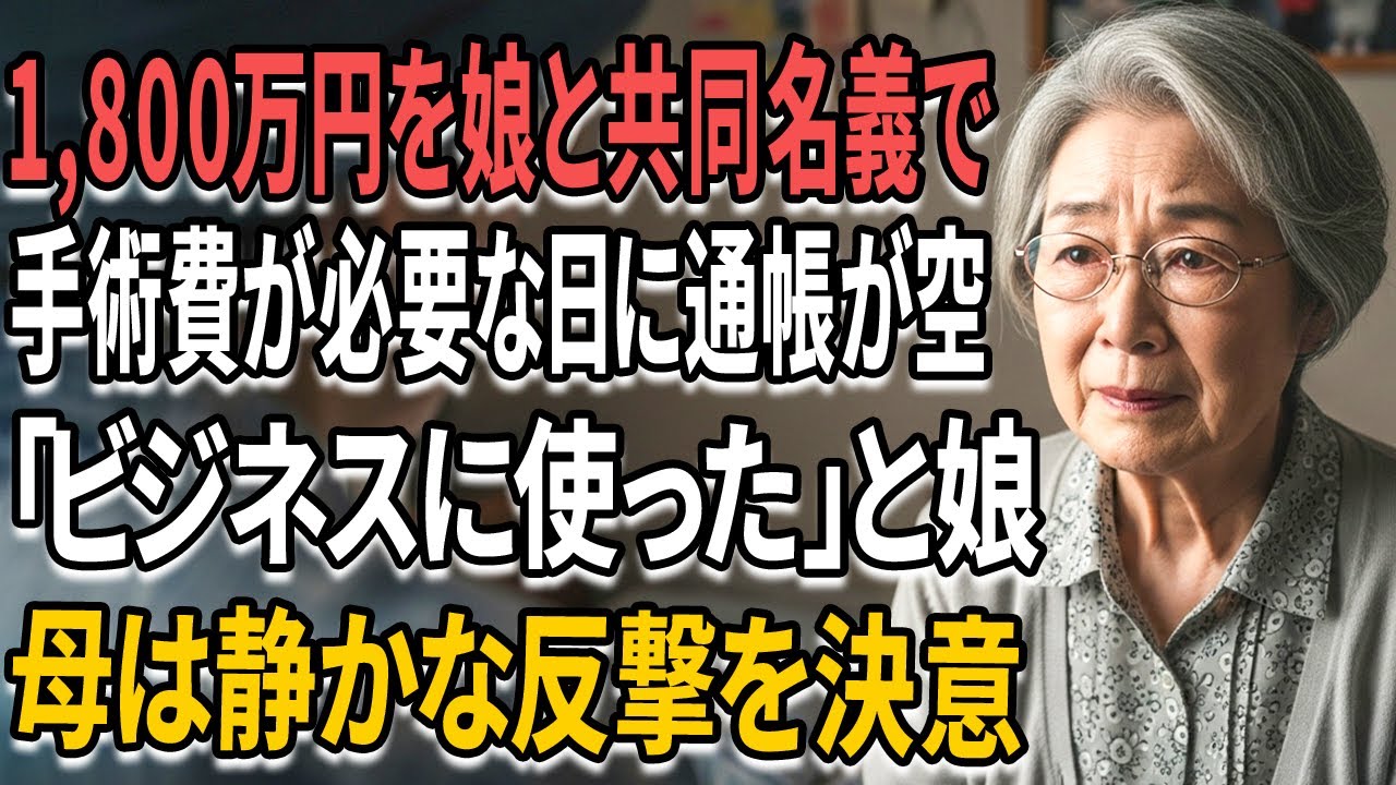 娘と共同名義で1,800万円を預けていた74歳の母──手術費が必要になった日に通帳は空っぽ。「全部ビジネスに使った」と平然と答えた娘に、母は絶望の中で“静かな反撃”を始めた。