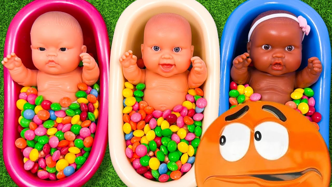 Full of 3 Rainbow BathTubs Candy with M&M's & Magic Slime Cutting Video