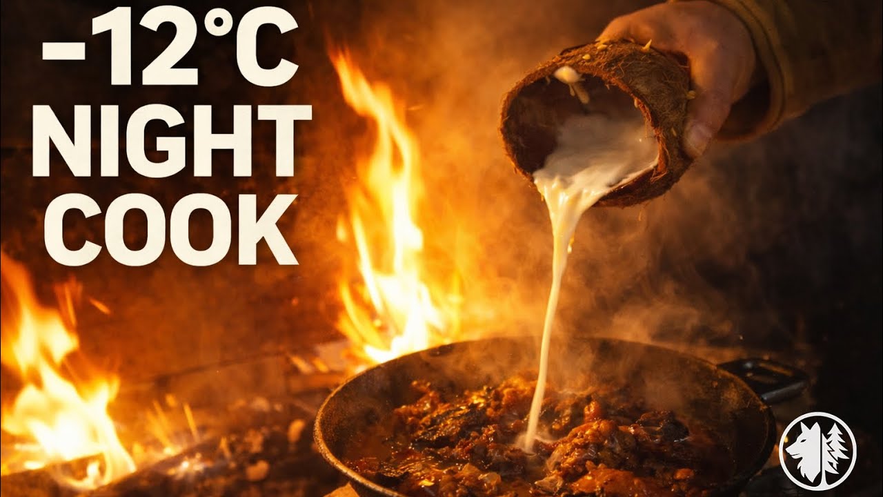 -12°C Night Cooking | Primitive Fire Cooking (ASMR)