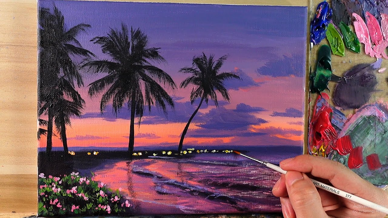 Acrylic Painting Palm Tree Sunset Seascape / Correa Art