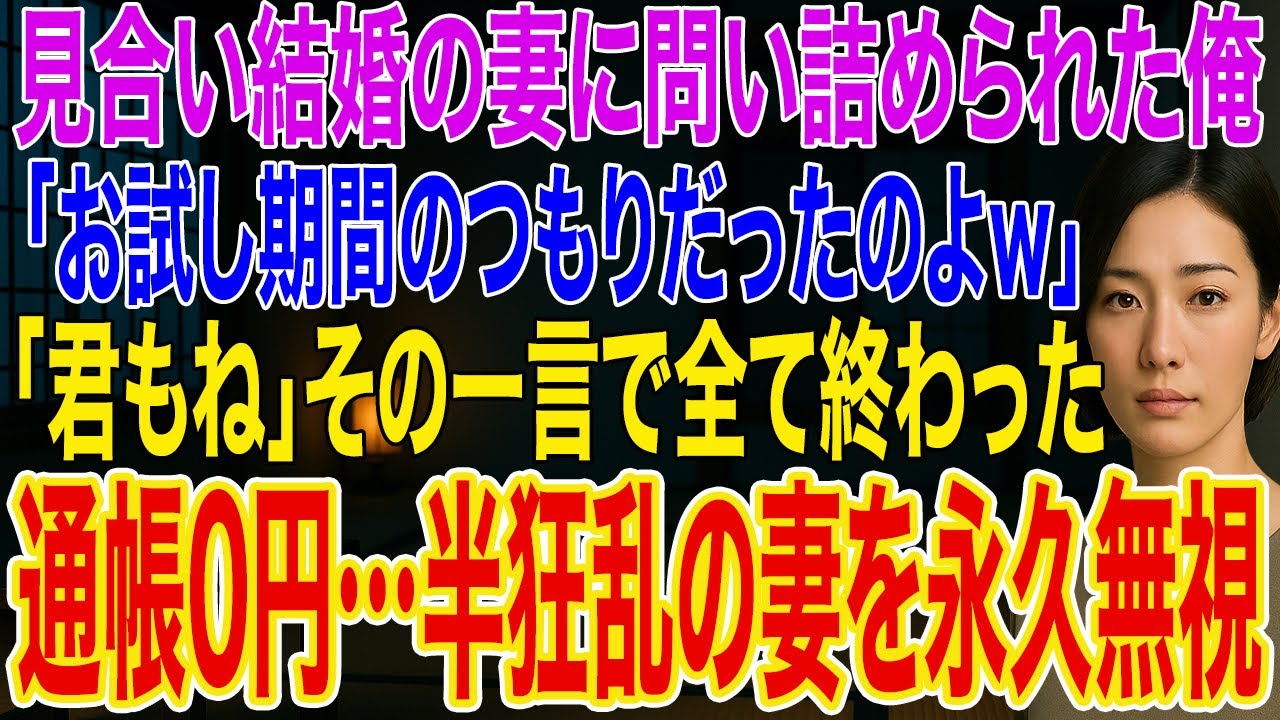 【修羅場】見合い結婚の妻に「金目当てだったんでしょw」と聞かれ俺「君もね」➡妻「お試し期間のつもりだったのよw」俺は通帳0円にして姿を消し半狂乱の妻を永久無視した結果…