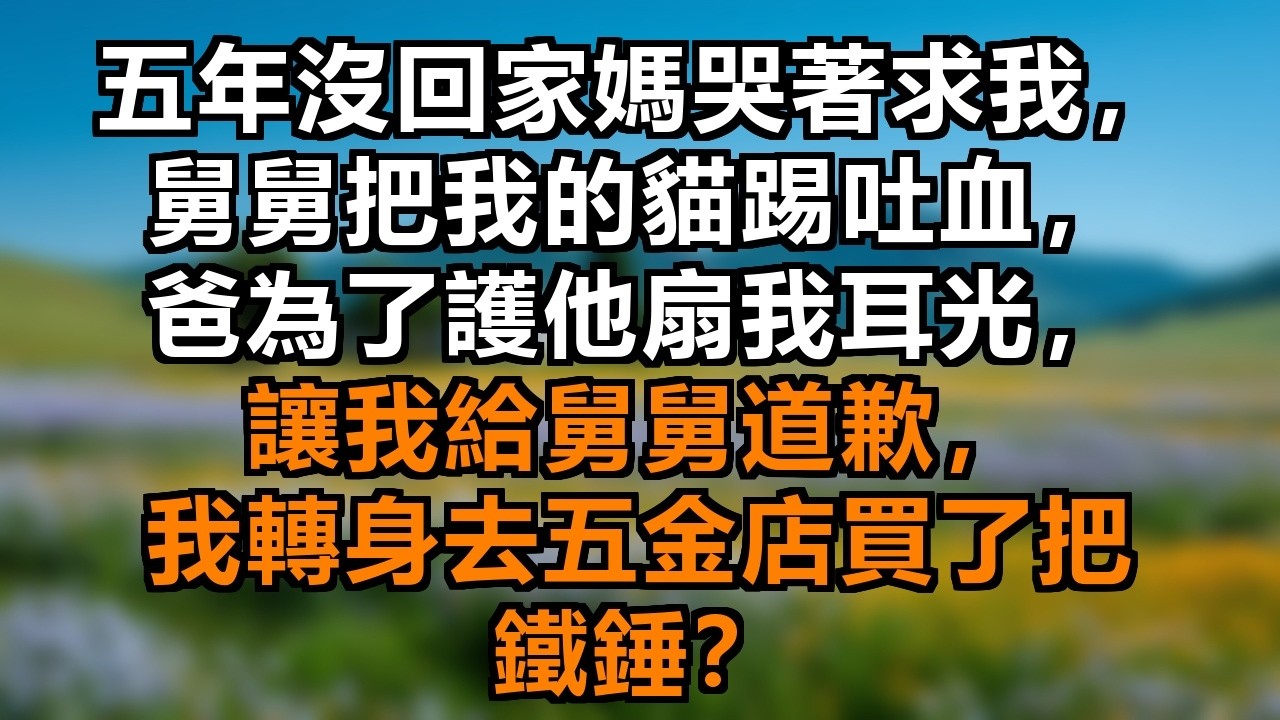 五年沒回家，我媽哭著求我回來吃頓飯，我心軟了帶著貓回去過年，大年初三舅舅一腳把我的貓踢吐血，我爸為了護他一耳光扇我臉上，我轉身去五金店買了把鐵錘 #虐貓重傷 #親情撕裂 #鐵錘復仇