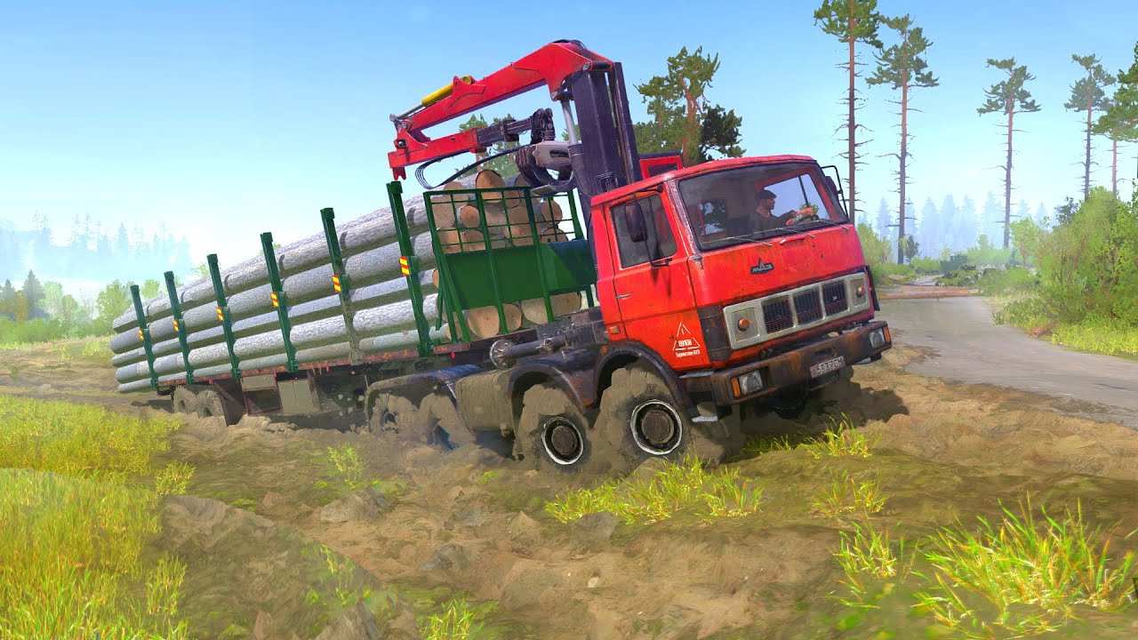 MAZ Timber Truck Driving Through Mud
