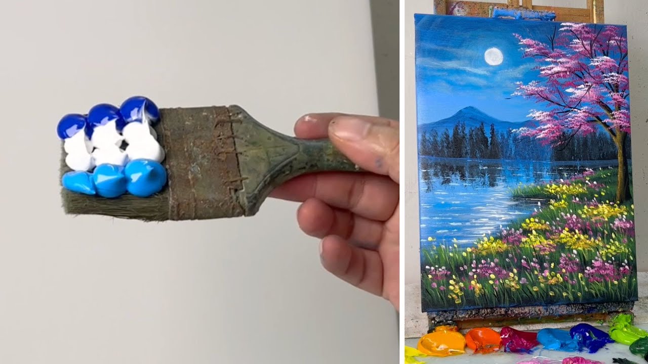 How to Paint a Moonlit Lake Landscape with Colorful Flowers | Acrylic Painting for Beginners