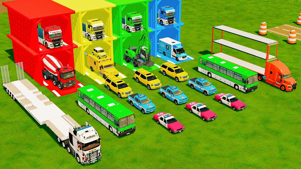 ALL POLICE VEHICLES AND EMERGENCY TRUCK, EXCAVATOR, CONCRETE MIXER TRANSPORT TO GARAGE - FS22