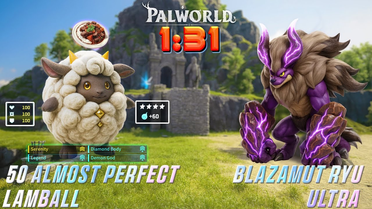 Palworld: 50 Almost Perfect Lamball vs Blazamut Ryu Ultra in 91 seconds