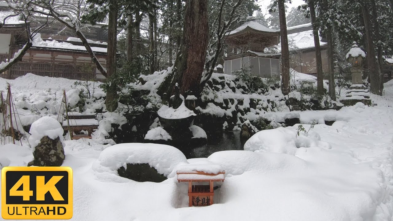 One hour snowfall Eiheiji Temple 永平寺 Japan 4K Relaxation sleep sounds