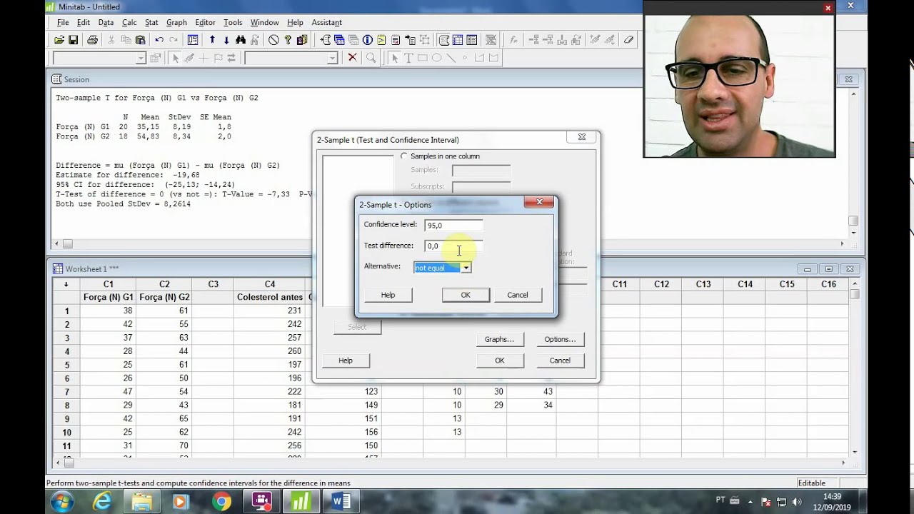 teste t de student independente e pareado Minitab