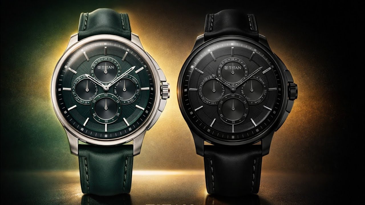 Titan Classique Four Eye Multifunction Anthracite Dial Green & Black Leather Strap Watch for Men
