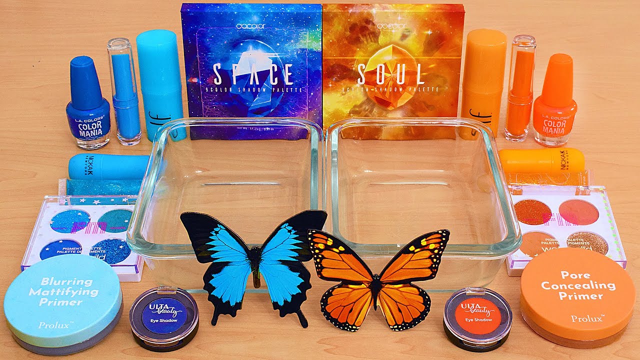 Blue vs Orange - Mixing Makeup Eyeshadow Into Slime ASMR